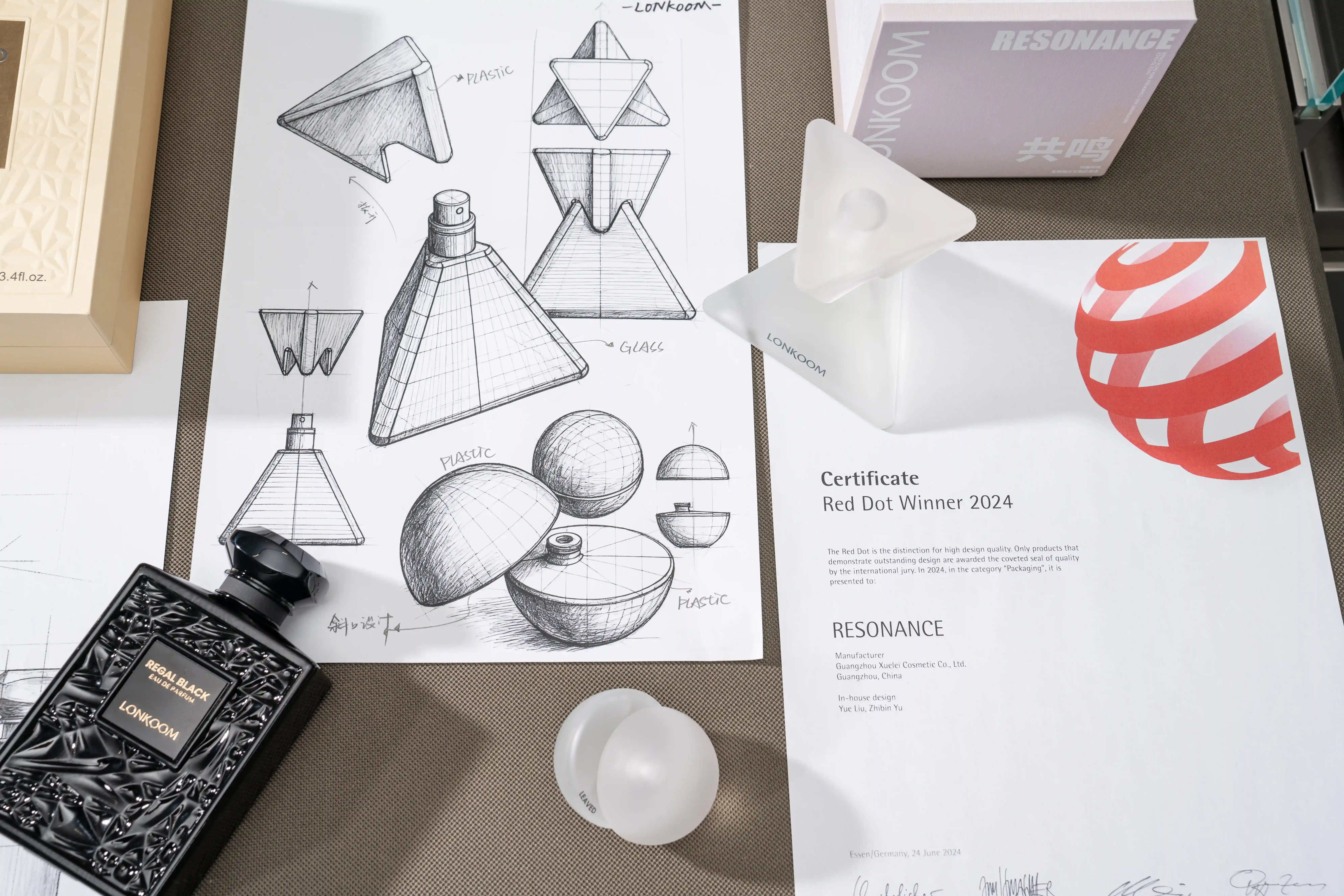Perfume bottle with a textured stone-look cap, an editorial design illustration